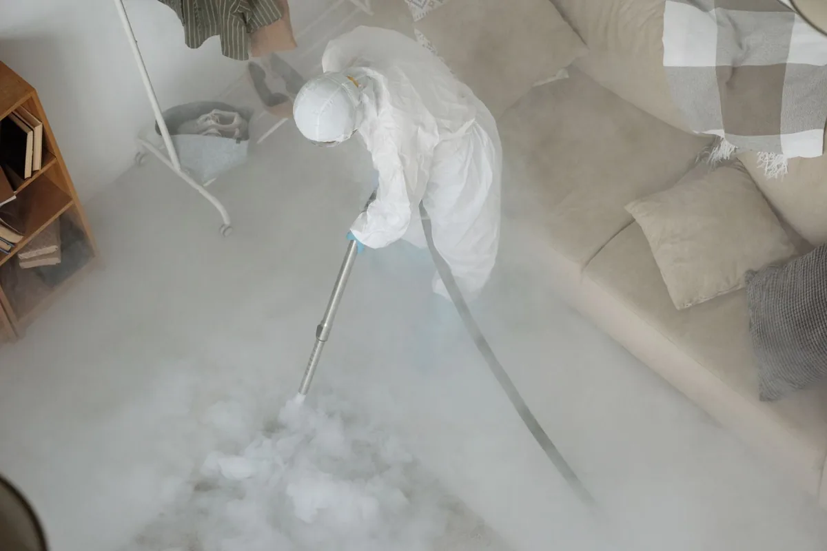 Biohazard cleanup technician in protective equipment, Corte Madera, CA